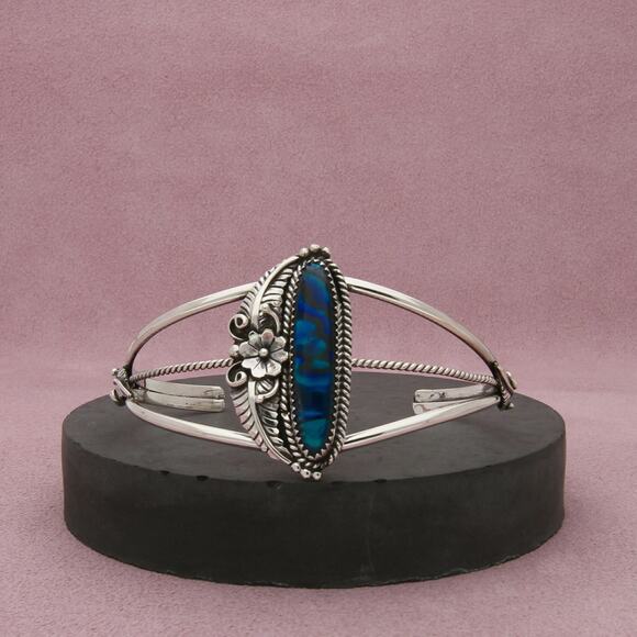 navajo sterling silver vintage blue abalone feather cuff bracelet size 7.25in - Picture 1 of 3